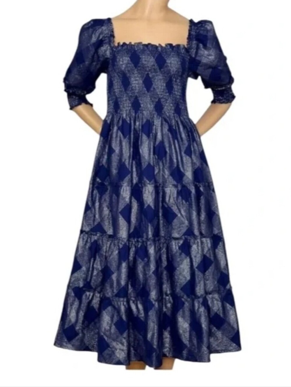 Hill House Home Ellie Nap Dress Navy Blue Ruffle Glitter Silver Check Size Large - Picture 3 of 16